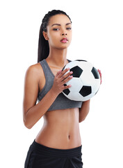 Sports, fitness and portrait of woman with soccer ball isolated on transparent png background. Game, exercise and serious female footballer workout and motivation for health, wellness and training.