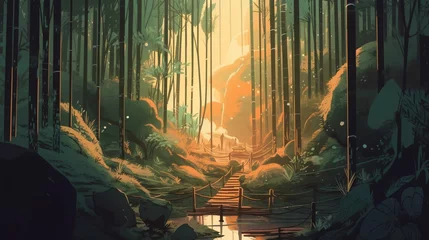 Abwaschbare Fototapete Khaki Lofi forest landscape wallpaper background design, anime manga style illustration art, Generative AI