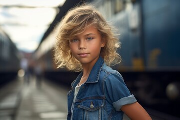 Close-up portrait photography of a glad kid female wearing comfortable jeans against a historic train background. With generative AI technology