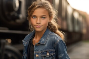 Fototapeta premium Close-up portrait photography of a glad kid female wearing comfortable jeans against a historic train background. With generative AI technology