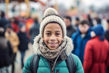 Conceptual portrait photography of a grinning kid male wearing a cozy sweater against a crowded amusement park background. With generative AI technology