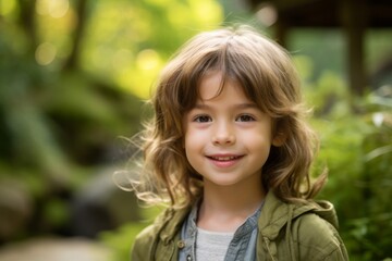 Close-up portrait photography of a satisfied kid female wearing comfortable jeans against a serene zen garden background. With generative AI technology
