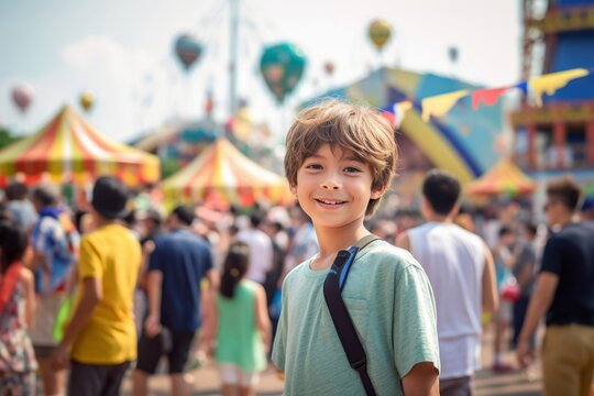 Lifestyle portrait photography of a satisfied kid male wearing breezy shorts against a crowded amusement park background. With generative AI technology