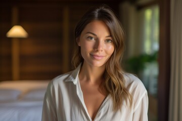 Headshot portrait photography of a glad girl in her 30s wearing an elegant long-sleeve shirt against a charming bed and breakfast background. With generative AI technology