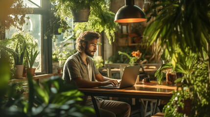 A startup entrepreneur working on a laptop in a vibrant coworking space filled with plants and natural light Generative AI
