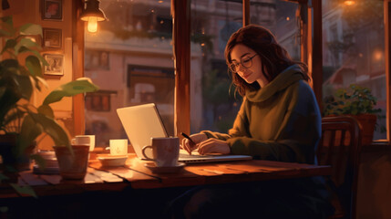 Fototapeta premium A woman working on a laptop in a cozy coffee shop with a warm and inviting atmosphere Generative AI