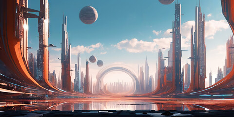 Naklejka na ściany i meble Panoramic cityscape in cyberpunk futuristic style. Towering skyscrapers in neon retrowave colors. Generative AI 