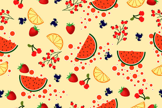 Hand Drawn cherry , Orange, Strawberry, Burberry and Watermelon colorful summer season Pattern Seamless orange Background