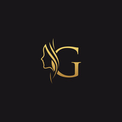 gold colored initial g combined with female face indicating beauty use for salon, hair, business, logo, design, vector, company, branding, and more