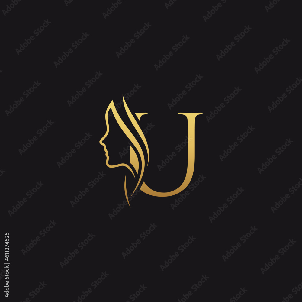 Wall mural gold colored initial u combined with female face indicating beauty use for salon, hair, business, logo, design, vector, company, branding, and more - Wall murals