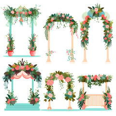 set of vector wedding altars for the marriage ceremony decorated with flowers 