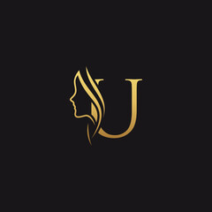 gold colored initial u combined with female face indicating beauty use for salon, hair, business, logo, design, vector, company, branding, and more © LyceeChee
