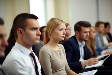Fototapeta premium A group of people participating in a business training or seminar in a professional and dynamic setting Generative AI