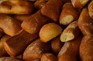 Bagel with sesame. Bagel with poppy. Showcase of a bakery in the eastern market. Turkish Simit.