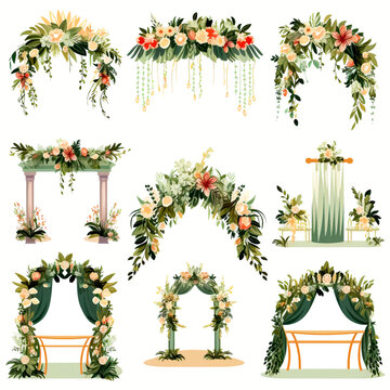 set of vector wedding altars for the marriage ceremony decorated with flowers 