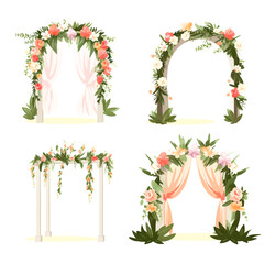 set of vector wedding altars for the marriage ceremony decorated with flowers 