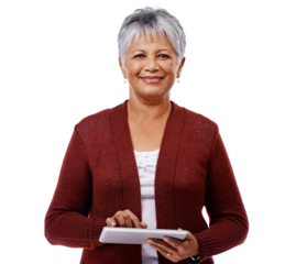 Senior woman, internet and tablet isolated on a transparent, png background. Portrait of happy mature female person, technology and search for information, communication and social media with network