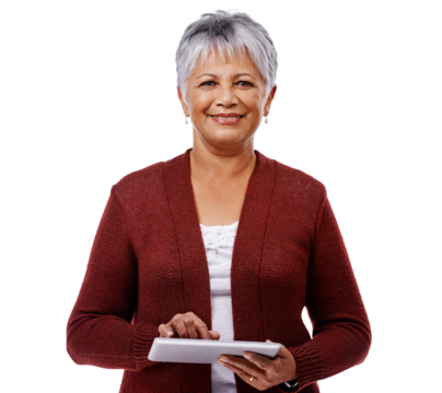 Senior woman, internet and tablet isolated on a transparent, png background. Portrait of happy mature female person, technology and search for information, communication and social media with network - Powered by Adobe