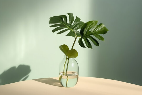 Monstera plant in the clear glass vase lies on the flat white wall background