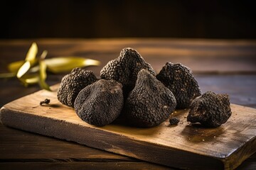 black truffles on a wooden board - created using generative Ai tools