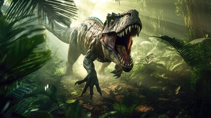 Tyrannosaur rex in the jungle, light shines through. Generative AI