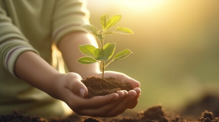 Hands holding young green plant on green background , Concept Earth day