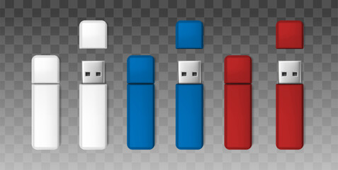 3d realistic vector icon set. White, blue, red usb flash drive mock up.