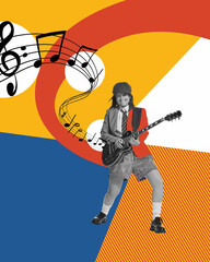 Young girl in retro clothes smiling, playing guitar against multicolored abstract background. Contemporary art collage. Concept of music festival, creativity, inspiration, art, ad.