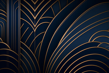 Abstract blue background with golden lines. Digital  illustration. Art Deco style.   Generative ai