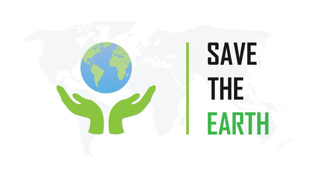 Save the world, global environment day banner with map, green color geometric design with human hand, encourage to protect the earth and planet ecosystem, community awareness and avoid pollution