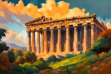 In this beautifully depicted illustration, the Parthenon emerges as a symbol of classical beauty and cultural heritage, transporting you to the golden age of Athens. | Generative AI - obrazy, fototapety, plakaty