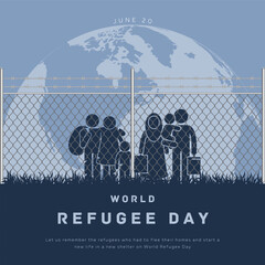 World Refugee Day. Concept of social event. 20 June. International immigration concept background. A refugee family trying to immigrate to save place. Vector Illustration. - obrazy, fototapety, plakaty