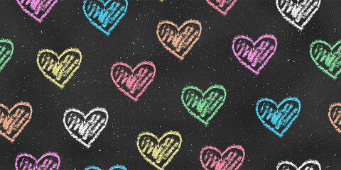 Seamless Grunge Pattern of Chalk Drawn Sketches Colorful Hearts on Chalkboard Backdrop.