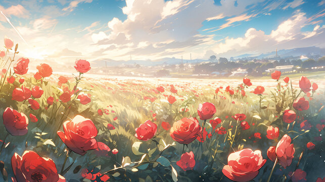 Elegant roses, rose garden illustration in spring