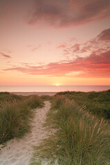 Sunset sky, beach and landscape, nature and travel with environment and coastal location in Denmark. Fresh air, grass and path with seaside destination and ocean view, outdoor and natural scenery