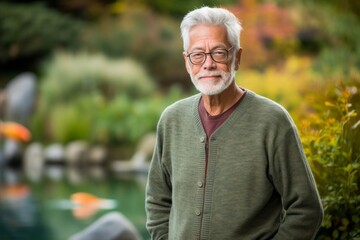 Environmental portrait photography of a glad mature man wearing a cozy sweater against a tranquil koi pond background. With generative AI technology