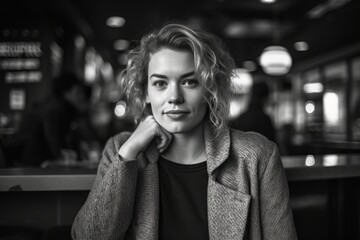 Photography in the style of pensive portraiture of a grinning mature girl wearing a chic cardigan against a lively sports bar background. With generative AI technology