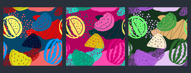Watermelon and abstract spots, texture pattern. Vector colored seamless pattern. For print, design, fabric, wallpaper, paper. Set of three models.