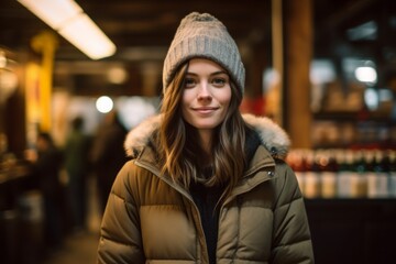 Fototapeta premium Environmental portrait photography of a satisfied mature girl wearing a cozy winter coat against a lively brewery background. With generative AI technology