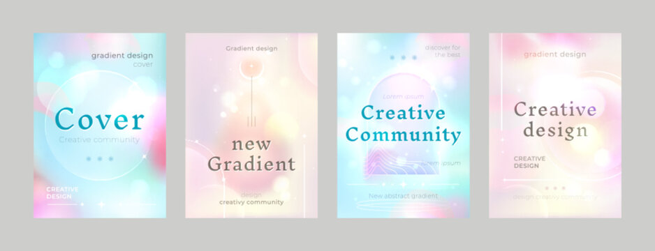 Posters or flyers with holographic texture background. Frame cover with soft pastel colors geometric shapes and gradient or ombre neon effect. Vector illustration blur banner with shining backdrop.
