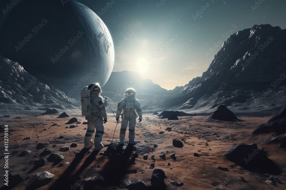 Wall mural astronauts exploring planet sunlight. generate ai