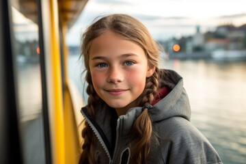 Medium shot portrait photography of a satisfied kid female wearing a cozy zip-up hoodie against a scenic riverboat background. With generative AI technology