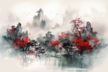 Chinese style ink landscape. Generate Ai