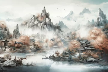 Photo sur Plexiglas Gris Chinese ink landscape. Generate Ai