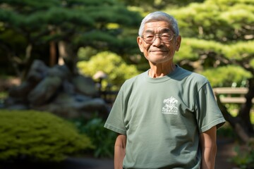 Naklejka na ściany i meble Medium shot portrait photography of a glad old man wearing a casual t-shirt against a tranquil japanese garden background. With generative AI technology