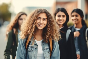 Fototapeta premium Students walking to school together. AI Generative