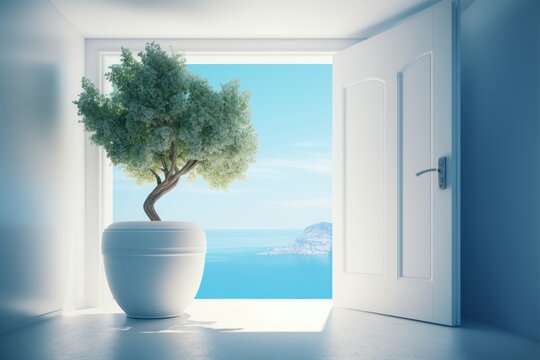 Doorway sea blue planter. Generate Ai