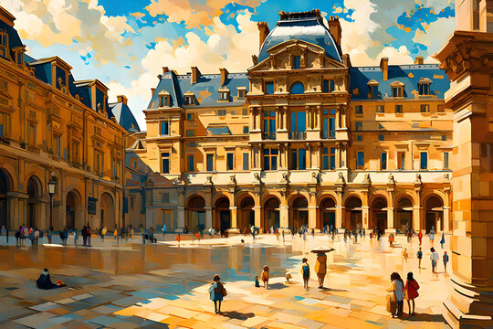 A stunning illustration of the Louvre Museum unveils its grandeur, inviting you to explore its vast collection of art and immerse yourself in the cultural treasures of France. | Generative AI