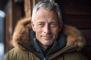 Close-up portrait photography of a glad mature man wearing a cozy winter coat against a cozy mountain lodge background. With generative AI technology
