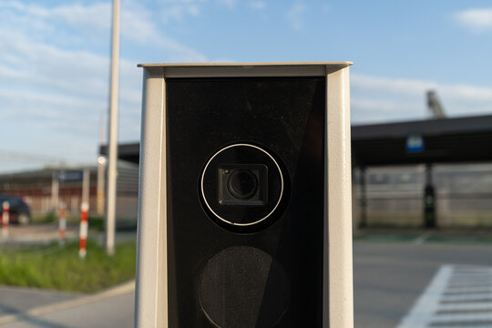Automatic number plate recognition, digital surveillance camera. Smart parking lot entrance pass automation. Vehicle access control. Car park entry identification system. License plate reader.